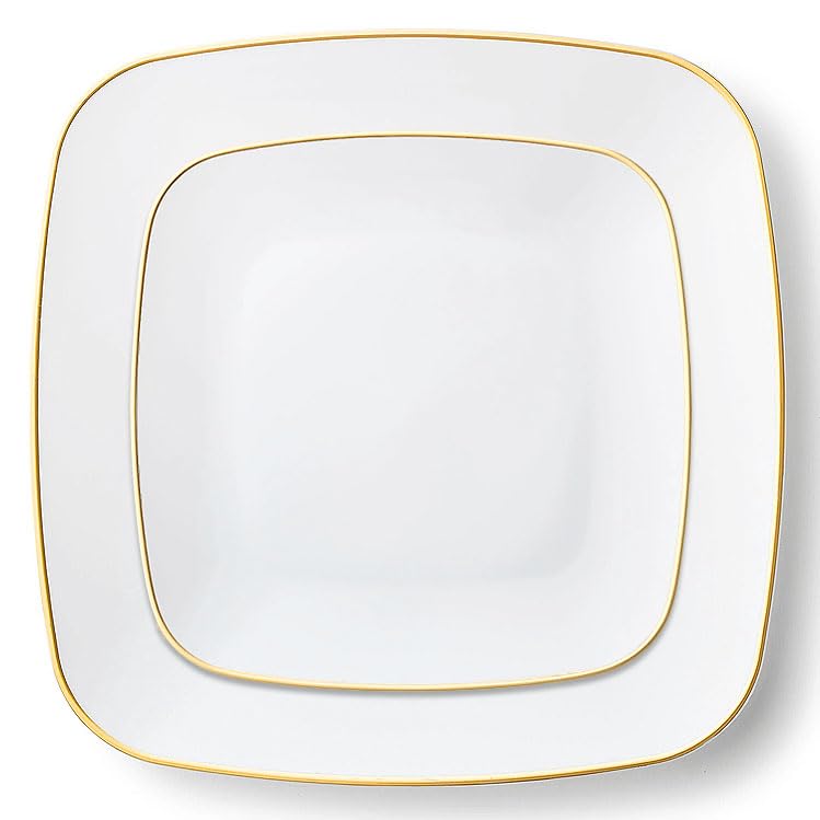 12 Platos cuadrados reutilizables blancos, borde dorado, plástico rígido, 6 grandes 26 cm + 6 pequeñas 19 cm, diseño elegante, ligero hueco, decoración de boda, cumpleaños