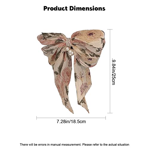 Hair Bows For Women & Girls |Elegant Floral Pleated Design With Pearl Pendant | Hair Bow, Barrettes & Clips | Long Tail - Beige | Versatile Accessories For Casual & Special Occasions | 1 Pcs #TOP2
