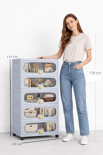 Image of House of Quirk 5-Layer Stackable Collapsible Storage Box Cabinet with Wheels & Flip Doors - 50cm Plastic Storage Box for Home, Kitchen, Closet & Toy Organization (Grey)