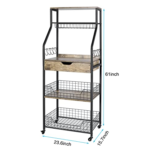 Threehio 5-Tier Kitchen Baker's Rack With Drawer, Free Standing Microwave Cart With Storage With Rolling Wheels, Kitchen Utility Storage Shelf With Wire Baskets, 8 Hooks And Metal Frame #TOP2