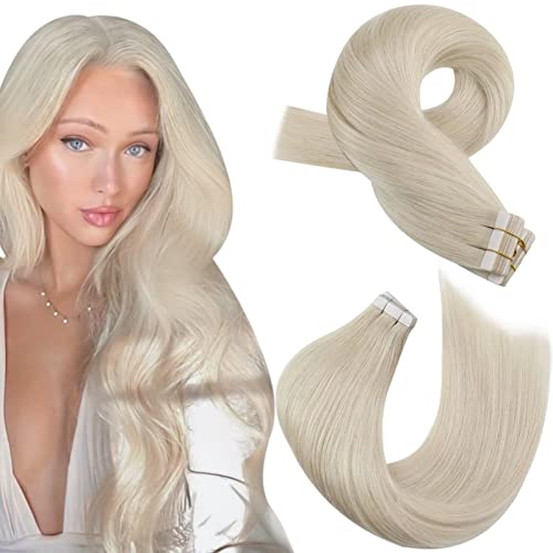Moresoo Tape Hair Extensions Real Human Hair Platinum Blonde Hair Extensions Tape in Seamless Skin Weft Remy Hair 20 Inch 20 Pieces/50g #60