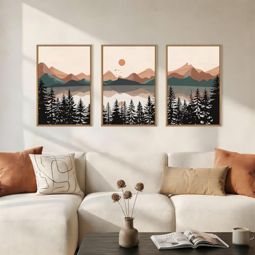 Image of KAIRNE Boho Mountain Sunset Framed Canvas Wall Art Set,Colorful Mid Century Forest Wall Decor,Beige Nature Pine Tree Art Prints,Abstract Modern Landscape Artwork for Living Room,Bedroom,Farmhouse,Office-16 inchx24 inchx3