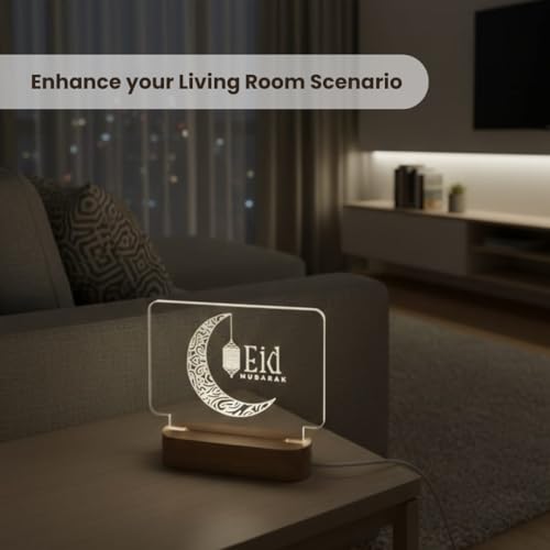 Image of Giftana Eid Mubarak LED Acrylic Night Lamp with Wooden Base - Decorative Moon Lamp with Warm Light - Eid Mubarak Gift for Men, Women & Friends - Eid Decoration Gift for Home, Bedroom & Table Decor
