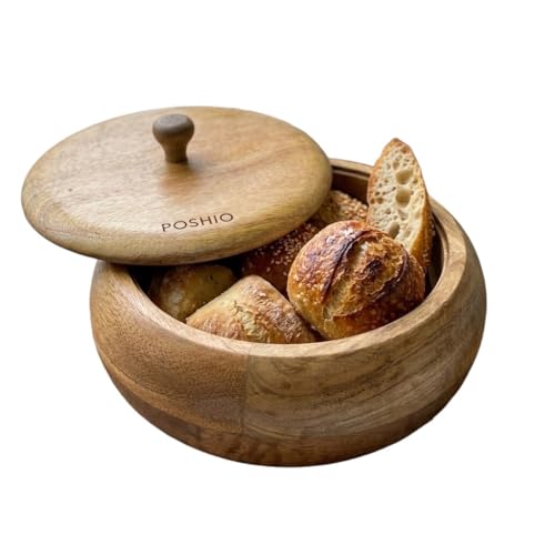 Image of POSHIO Wooden Casserole Hotpot Box with 1 Ladle, Breads Storage & Serving Box | Mango Wood Container | Non-Toxic Polished Serveware- Natural Wood Finish (1, Natural, 9x9x4in, Style 2)