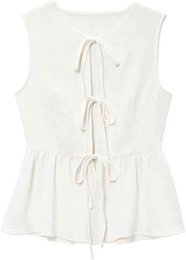 Women's Two-Piece Bow Decorated Vest Elastic Waist Solid Color Pants Set