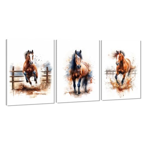Brown Horses Pictures Wall Decor Modern Wild Animal Wall Art 3 Panels Running Horses Canvas Prints Art Watercolor Animals Posters for Home Office Decor, Framed 20 W x 28" H x 3pcs