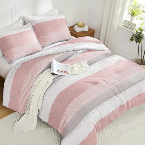 Edredón rosa Queen Litanika con bloques de color blanco rubor y 2 fundas de almohada para cama 5