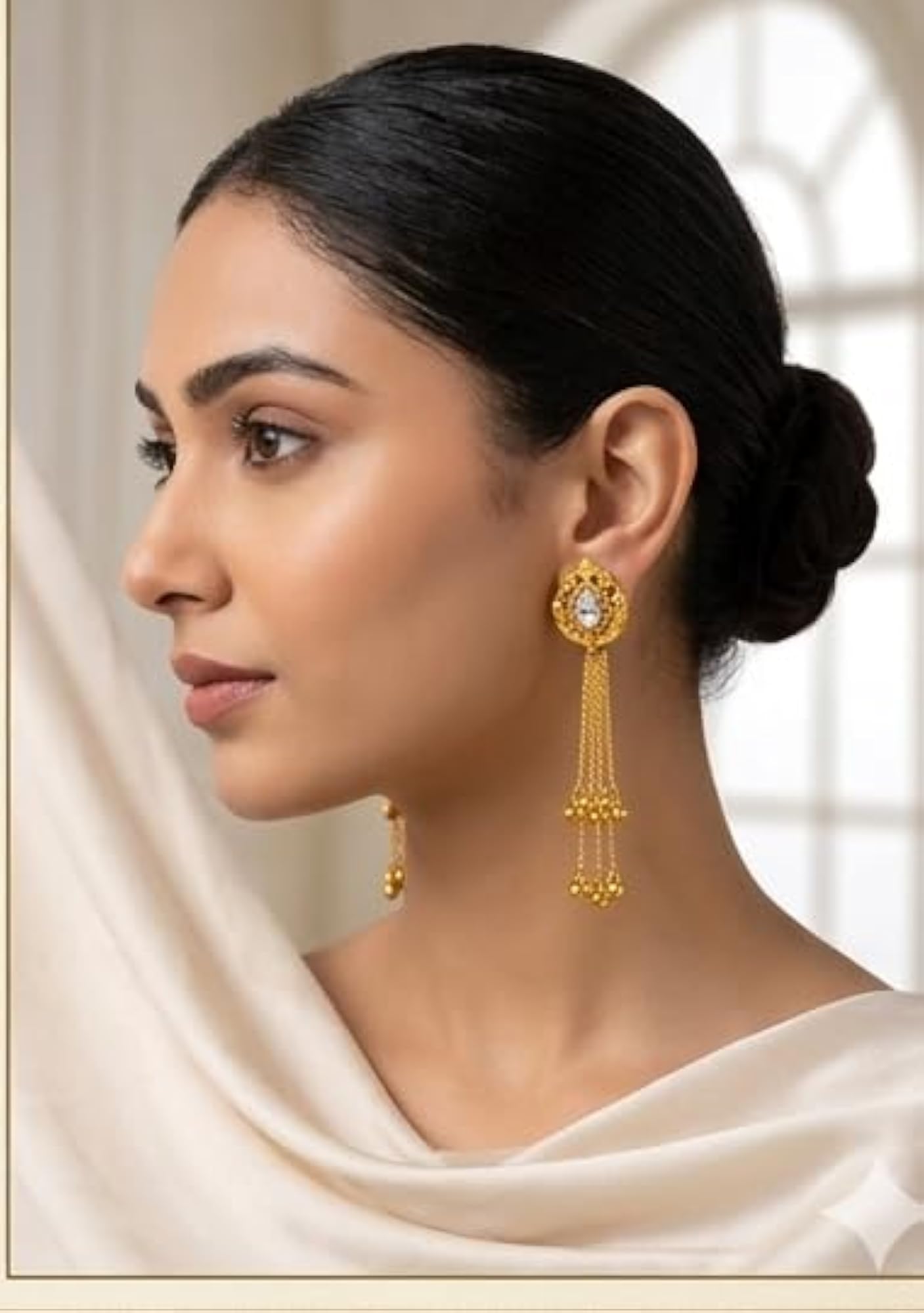 Gold-Toned Jhumka Tassel Earrings with Kundan Top, Ethnic Style