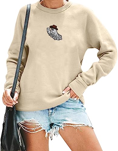 AIIWEIS Halloween Sweatshirt for Women Western Ghost Embroidered Crewneck Long Sleeve Shirt Spooky Season Pullover Top, Apricot, Medium