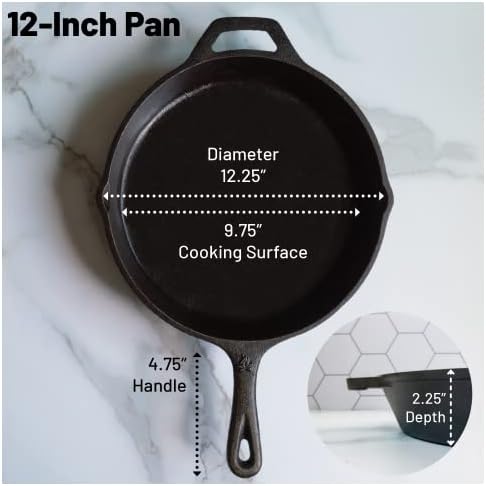 12 Inch Round Large Pre-Seasoned Cast Iron Skillet - Thumbnail 5