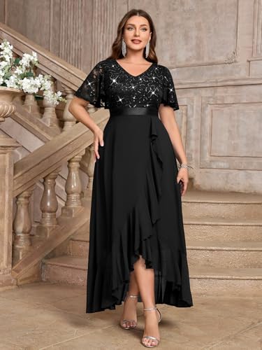 Image of MISSMAY Women's Plus Size V Neck Sequin Lace Butterfly Sleeves Formal Evening Party Long Dress