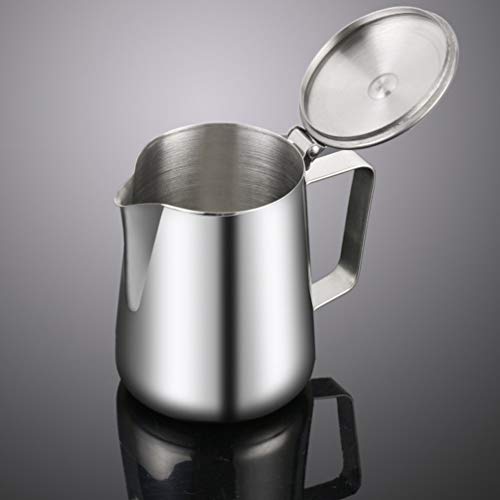 BESTonZON Bricco per latte in acciaio inox con coperchio, 600 ml, per caffè, caffè, caffè, cappuccino, latte, latte… - immagine 7