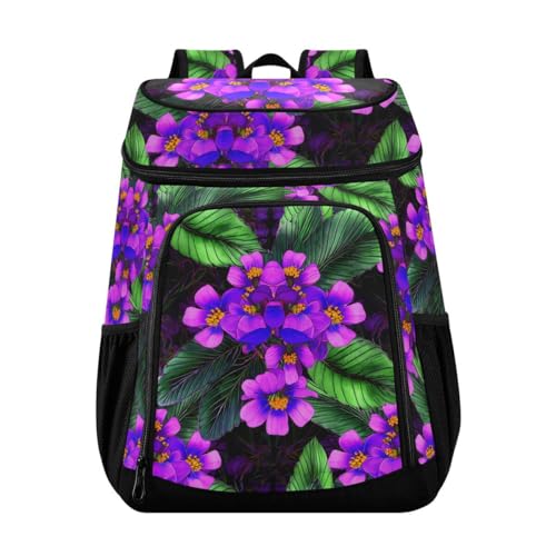 Flower Foliage Dark Purple Cooler Backpack Leakproof Insulated Lunch Cooler Bag 30 Cans Camping Backpacks for Road Trip Beach Picnic