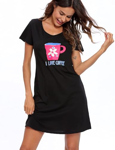 Image of ENJOYNIGHT Womens Cotton Nightgown Short Sleeve Sleepshirt Print Nightshirt | Short-Sleeve Crew Neck, Soft Cotton Fabric, Cartoon Printed Sleep Shirt, Loose Fit