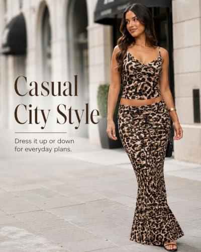 Image of Two Piece Skirt Set Women Maxi Long Skirt and Top Outfit | Soft stretchy 5 pc, slim bodycon, adjustable spaghetti straps, ruched crop tank, elastic waist, going out, beach vacation