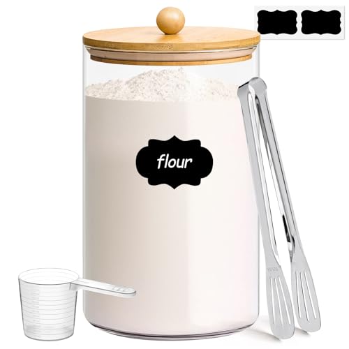 ComSaf 1 Gallon Glass Jar, 3.9 Qt Flour Container, Large Glass Canister with Lid, Food Storage Pantry with Spoon and Clip for Sugar, Oat, Rice, Beans, Pasta, Coffee, Grain