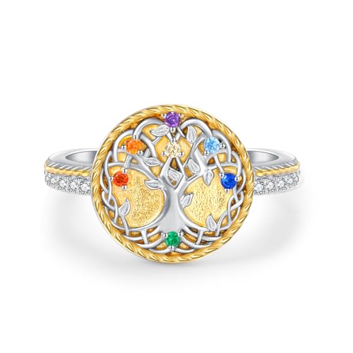 KINGWHYTE Anillo de plata de ley 925 con diseño de árbol de la vida, ajustable, diseño de árbol de la vida, con nudo celta, joyería familiar, aniversarios, cumpleaños, Navidad, para esposa, mamá