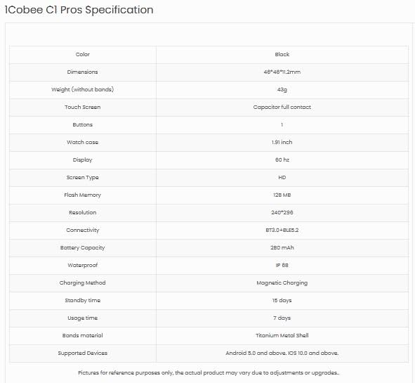 Table of specifications for XINJI COBEE C1 Pros Smart Watch