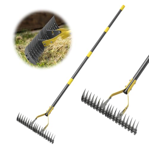 Thatch Rake 4.5FT Heavy Duty Metal Dethatcher Rake with Adjustable Long Handle 19-Tine 15” Wide Lawn Yard Garden Tool for Cleaning Dead Leaf Grass Loosing Soil