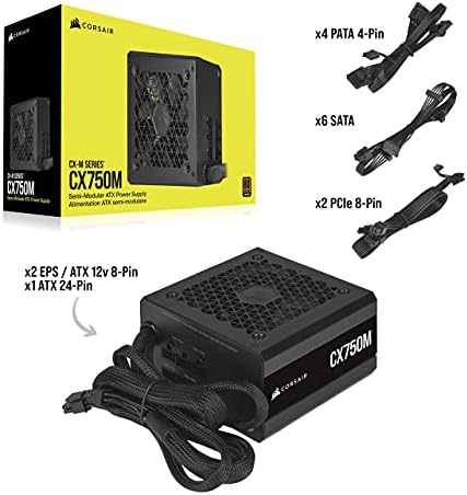 Corsair CX750M (2021), CX-M Series, 750 Watt 80 PLUS Bronze Semi-Modular Low-Noise ATX Power Supply (Dual EPS12V Connection, Low-Noise Operation, 105°C Capacitors, Compact Size) Black
