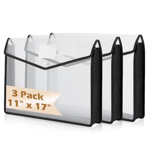 3 Pcs 11 x 17 Inch Expandable Tabloid Size Document Folder with Label A3 Plastic Folders for Documents Expanding File Wallet Envelope Size (3 Black)