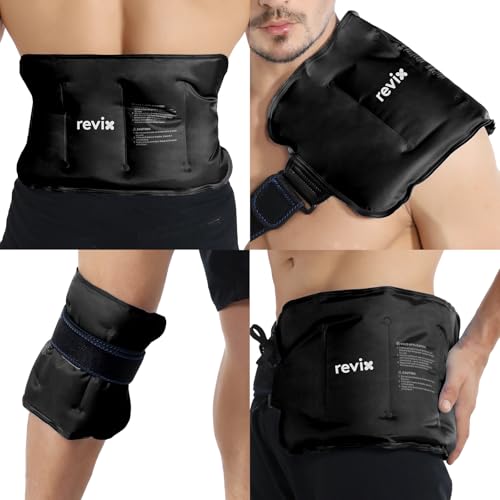 Image of REVIX Ice Pack for Injuries Reusable Gel for Lower Back & Shoulder, Black | 16x9in Full Coverage for Lower Back, Shoulder, Hip & Knee, Cold Compress Therapy, Hands-free Strap, Long-lasting Gel