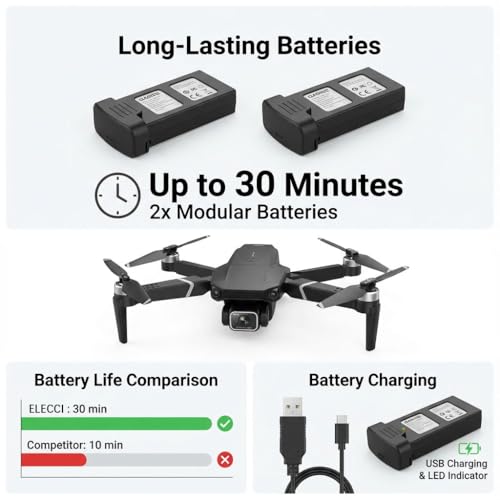 elecci E88 Drone with Screen Controller with SD card, Foldable Mini Drone for Beginners, 2 Batteries, 360° Flips Waypoint Fly, Active Obstacle Avoidance, One Key Take Off/Landing. (2 batteries - White) by elecci - Image 4