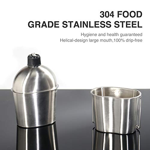 DARTMOOR G.I. Army Stainless Steel Canteen Military with Cup and Green Nylon Cover Waist Belt for Camping Hiking Climbing (Cup with Foldable Butterfly Handle) - Thumbnail 4