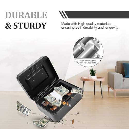 POLSPAG Cash Box with Key Lock Metal Money Box with Removable Coin Tray Medium Safe Lock Box Durable Money Saving Organizerfor Security Lock Safe Box for Office Small Business 7.87 x 6.3 x 3.54 inches
