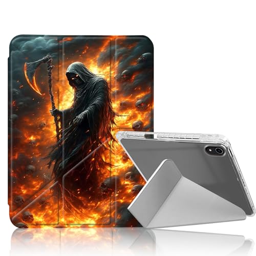 DISUOFEART for iPad 10th Generation Case, Hooded Figure with Scythe in Fiery Realm Clear Protective Cover with Pencil Holder, Multi-Angle Folding Y-Shaped Stand & Auto Sleep/Wake Function