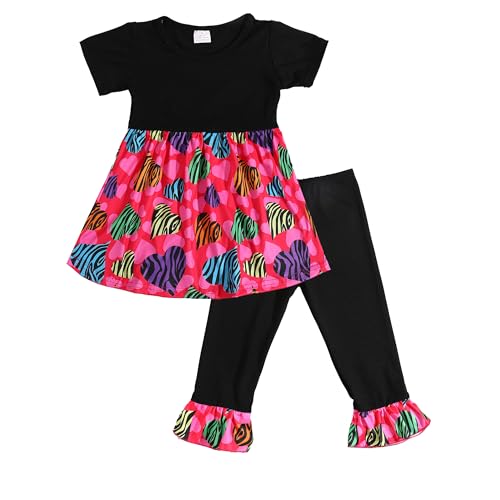 Image of Valentines Toddler Girls Pants Set Love and Heart Pink Outfits Set Ruffle T-Shirt Dress and Pants Outfit Set 3-8Y