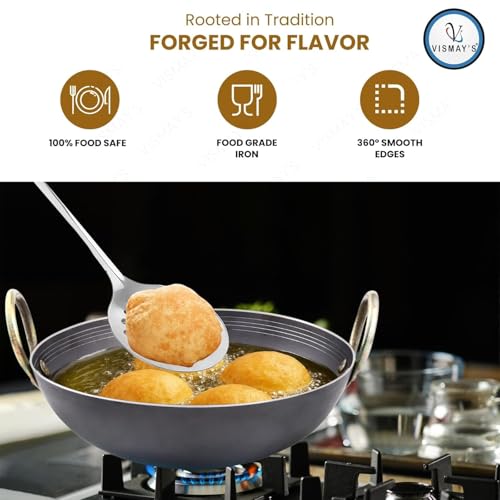 Image of VISMAY'S 9 Inch 600 ML Food Grade Iron Kadhai Wok Frypan Lohe ki Kadai Smooth Edges Riveted Handles Deep Frying, Roasting Metal Spoon Friendly Traditional Indian Cooking Durable Kitchen Cookware