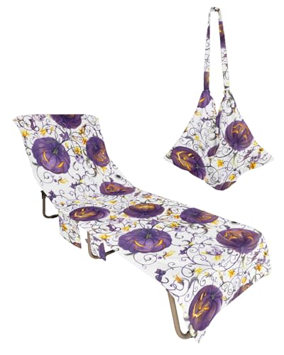 Halloween Beach Lounge Chair Towel Cover, Soft Chaise Lounge Towel with Side Pockets Patio Pool Chairs Cover for Beach/Pool Sunbathing 29x85 Purple Pumpkins Yellow Floral Botanical