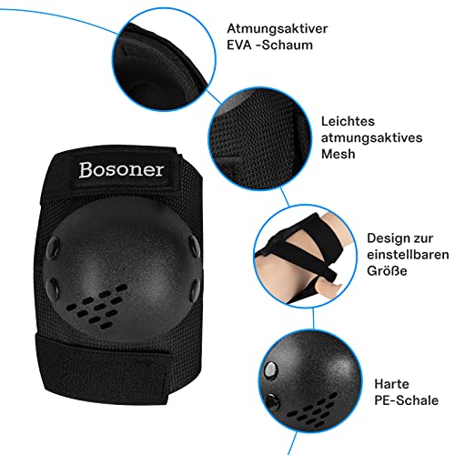 BOSONER Knieschoner Kinder Schoner Inliner Protektoren 6er Set Schützer Inliner Inline Skates Knie Und Ellenbogenschützer Schutzausrüstung Knieschützer Skateboard (Schwarz, M (6-15Jahre))