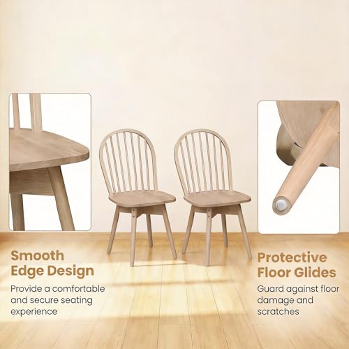 Image of COSTWAY Swivel Windsor Dining Chairs Set of 4 with Spindle Back, Natural | Solid Rubber Wood, Armless Kitchen Chair with Tilt Back, Mid-Century Modern Side Chairs for Dining Room, Kitchen, Restaurant