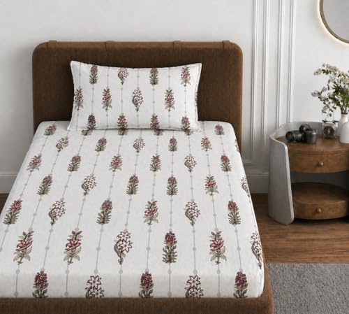 Image of VOMZER 310 TC Cotton Feel All Around Elastic Fitted Bedsheets Single Size, Premium Fitted Bedsheets Single Size for Single Bed with 1 Pillow Covers, Size- 72 inch x 36 inch (Ivory Dot)
