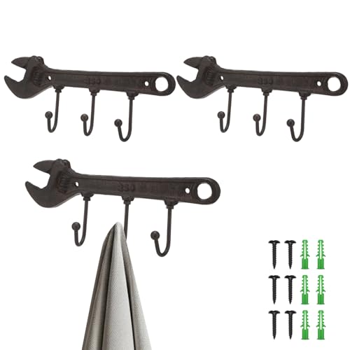 Otoolling 3 Pcs Vintage Key Rack Holder Hooks Wrench Spanner Shape Decorative Wall Mounted Garage Tool Holder Coat Hat Hooks Rack Hanger for Bedroom Car Themed Room Decor