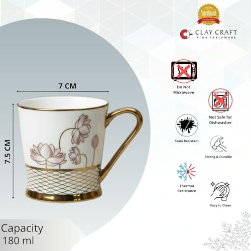 Image of Clay Craft Fine Ceramic Tea Cups Set of 6| 180 Ml Gold Print Cups with Handle | Elegant Design for Tea| Coffee| Home| Office & Gifting