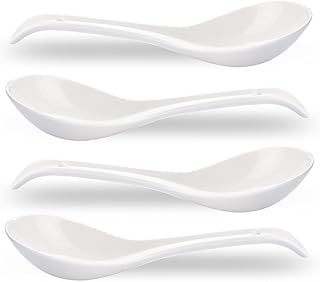 Porcelain Soup Spoons Set of 4, Ceramic Chinese Soup Spoons 6.6 Inch, Asian Soup Spoons, Japanese Ramen Spoons, White