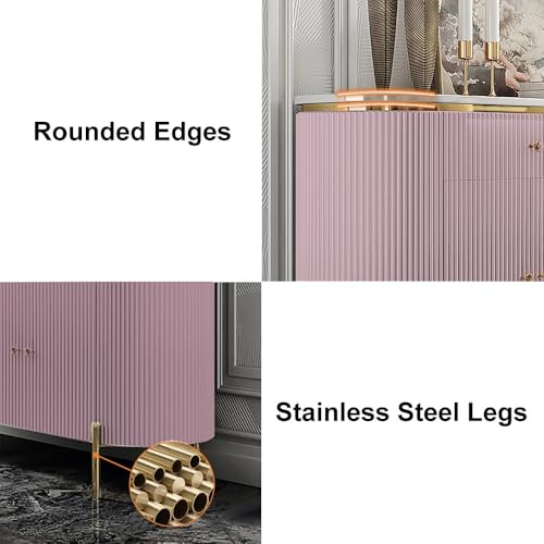 Image of Modern Console Table, 55 x 15 x 30 inch, White Ribbed Design, Marble Top, Gold Accents, 4-Door Storage Cabinet, Waterproof Plywood, PVD-Coated Legs, Elegant Entryway (Pink)