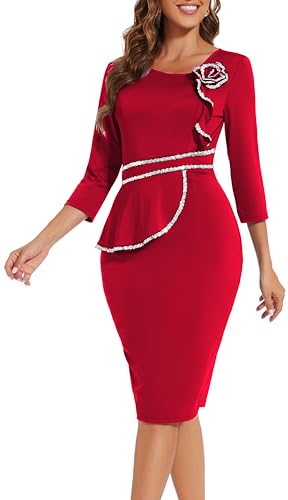 Image of Funeral Church Dresses for Women Formal Long Sleeve Wrap Business Work Dress Vintage Ruched Midi Pencil Dress