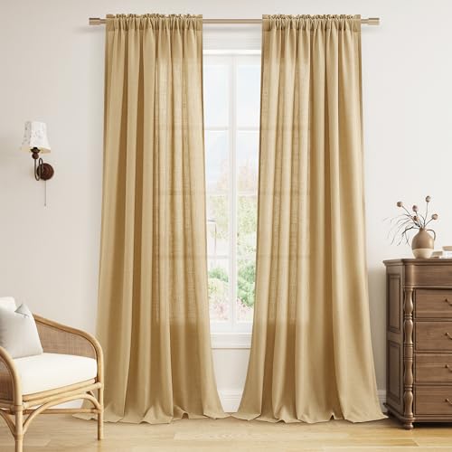Guken Linen Curtains 90 Inch Long for Living Room Rod Pocket Gold Yellow