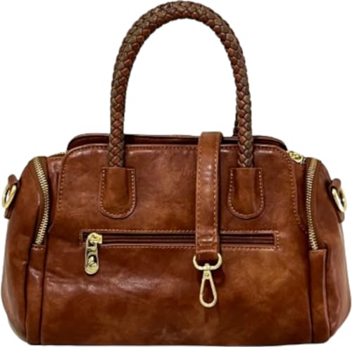 bolsa baú média elegante com alça de mão dupla em couro pu (Caramelo, M)