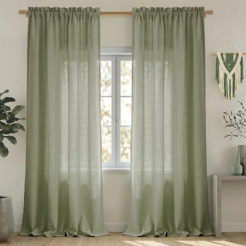 Cottage Home Decor for Living Room,Sage Green Curtains 108 Inches Long for Dining Room 2 Panels Set Rod Pocket Light Filtering Energy Efficient Semi Sheer Linen Curtain for Patio Doors 9 FT Tall