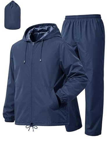 UIQUR Mens Rain Suit Waterproof Rain Jacket with Rain Pants 2 Pieces Lightweight Packable Raincoat with Hood Running Cycling Navy Blue XL