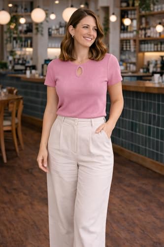 Image of Women's Stylish Ribbed Knit Short Sleeve V-Neck Keyhole Top(1827)