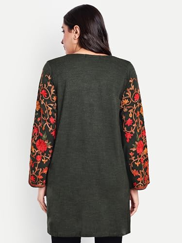 Image of HAUTEMODA Women Woollen Short Kashmiri Embroidery Phiran Kurta