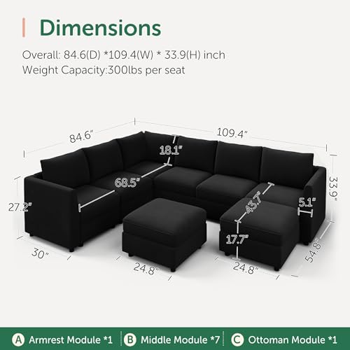 Image of HONBAY Velvet Oversized Modular Sectional Sofa with Storage,Black