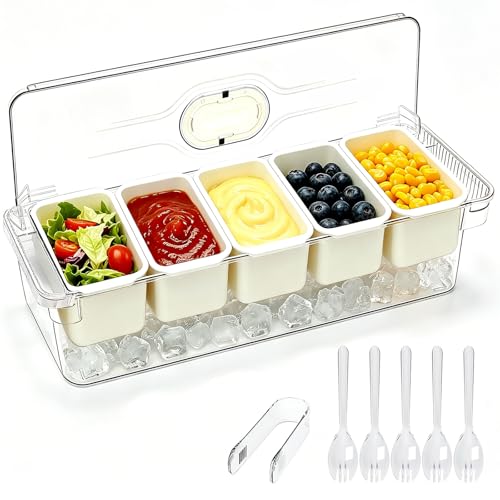 SVNNELP Ice Chilled Condiment Caddy Containers Server with Lid,Serving Fruit Tray Platter with 5 Removable Compartments,Garnish Tray for Party Supplies & Bar Accessories for Taco,Salad