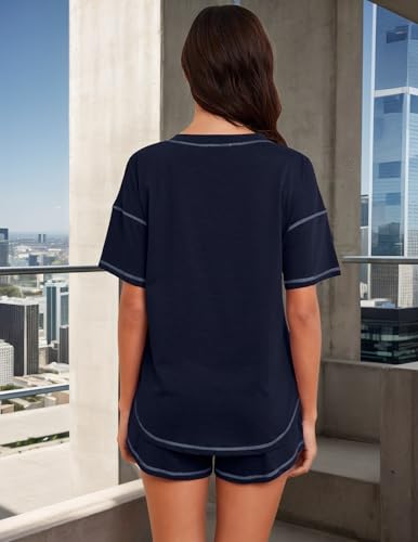 Image of KCW Pajamas for Women Set 2 Piece 100% Cotton Lounge Sets Short Sleeve Top and Shorts Pj Set Sleepwear Outfits
